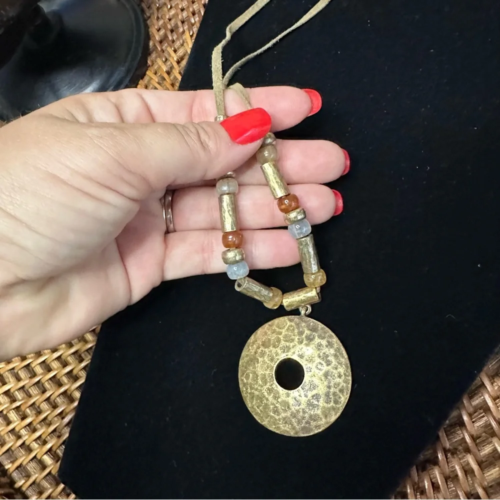 Boho Beaded Round Hammered Medallion Leather Necklace